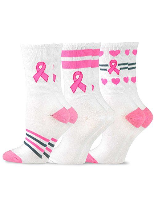 TeeHee Women Pink Ribbon Breast Cancer Awareness Cotton Socks Multi Pair