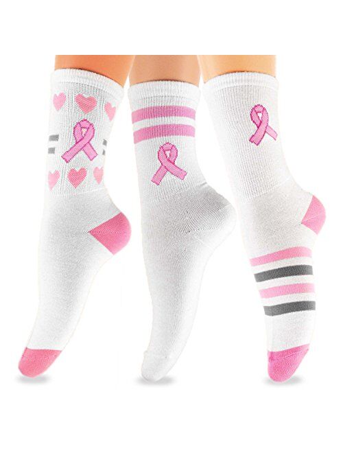 TeeHee Women Pink Ribbon Breast Cancer Awareness Cotton Socks Multi Pair