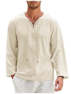 Mens Cotton Linen Shirts Lace Up Casual Beach Hippie Tee Shirts V Neck