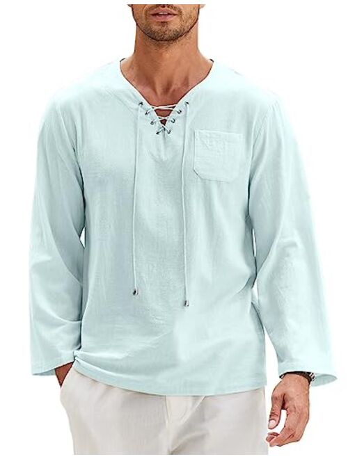 COOFANDY Mens Cotton Linen Shirts Lace Up Casual Beach Hippie Tee Shirts V Neck