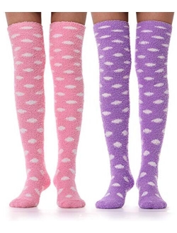 Girls Womens Over Knee High Fuzzy Socks Stockings Fluffy Soft Warm Cozy Cute Long Winter Christmas Socks 2 Pairs