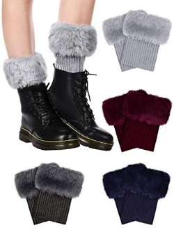 Pangda 4 Pairs Women Faux Fur Boot Cuff Short Furry Leg Warmers Girls Winter Socks Knitted Boot Socks, 4 Colors