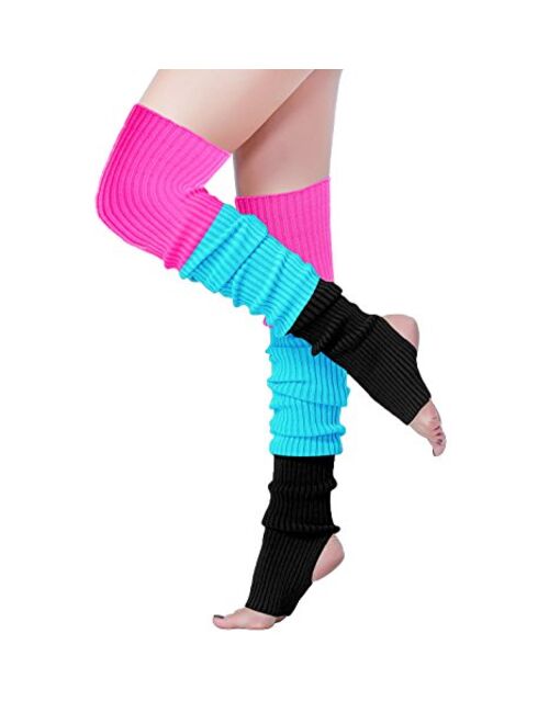 v28 Women Girls Thigh High Neon Ribbed Long 80s 90s Party Skating Leg Warmers