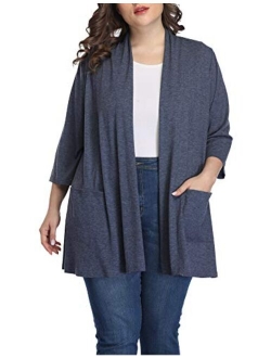 Shiaili Women Long Plus Size Cardigans Waterfall Open Front 3/4 Sleeve Tops