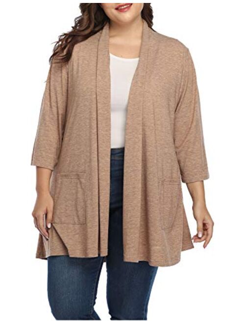 Shiaili Women Long Plus Size Cardigans Waterfall Open Front 3/4 Sleeve Tops