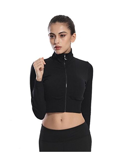 Women's Sports Workout Zip Up Long Sleeve Sweetshirt Fitted Crop Top