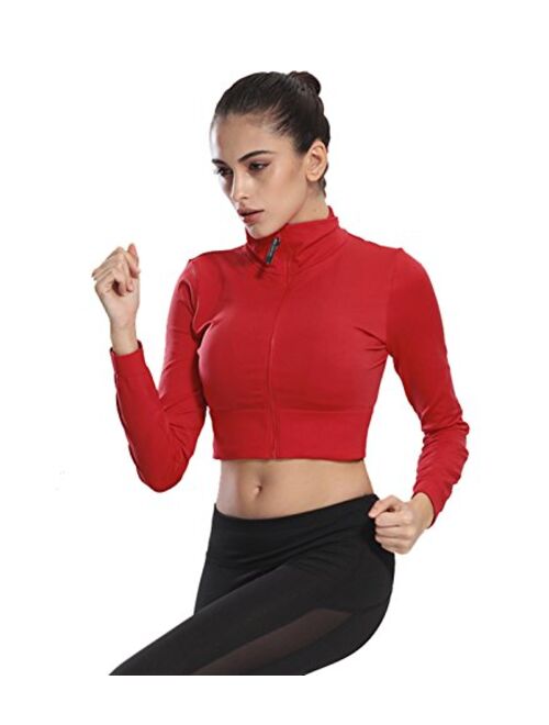 Women's Sports Workout Zip Up Long Sleeve Sweetshirt Fitted Crop Top