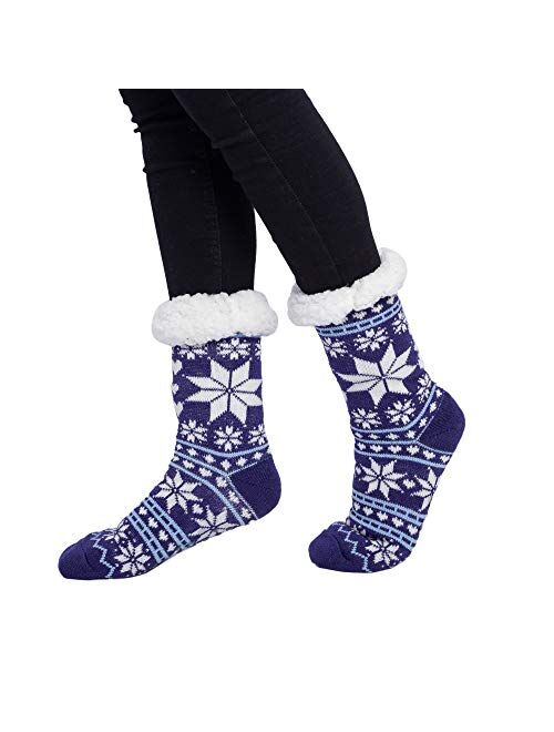 JOYIN 2 Pack Women's Fleece Lining Fuzzy Soft Slipper Socks for Winter Christmas, Holiday or Birthday Gift