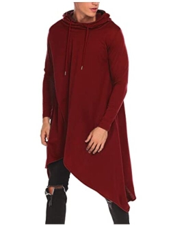 Mens Casual Hooded Poncho Cape Cloak Irregular Hem Hoodie Pullover