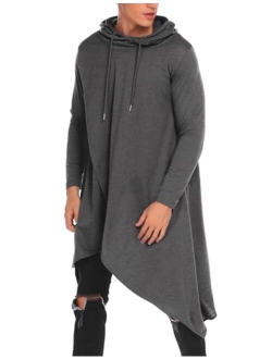 Mens Casual Hooded Poncho Cape Cloak Irregular Hem Hoodie Pullover