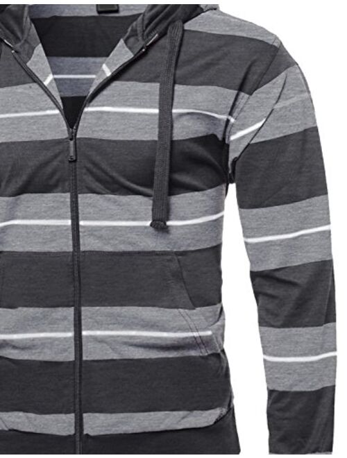 SBW Men's Basic Casual Stripe Zip Up Side Pocket Hoodie Jacket