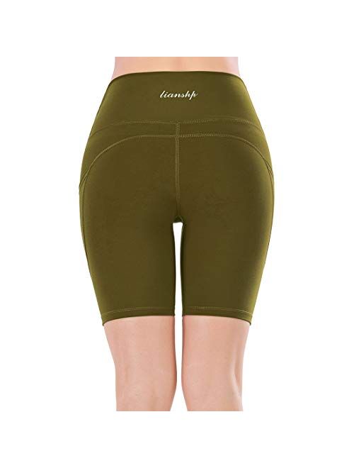 Lianshp High Waist Yoga Shorts for Women Tummy Control Athletic Workout Running Shorts with 3 Pockets 8"