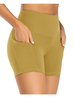 Oalka Women's Short Yoga Side Pockets High Waist Workout Running Sports Shorts 4"