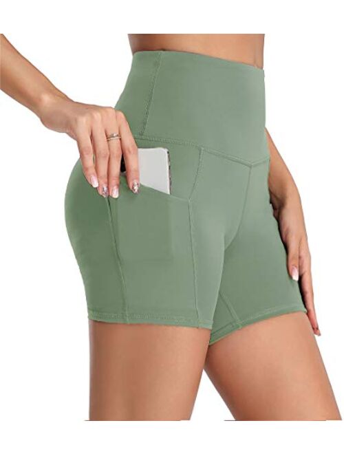 Oalka Women's Short Yoga Side Pockets High Waist Workout Running Sports Shorts 4"