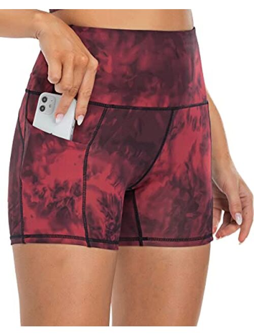 Oalka Women's Short Yoga Side Pockets High Waist Workout Running Sports Shorts 4"