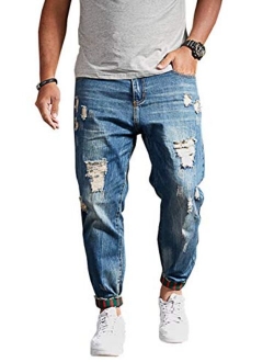 Men's Casual Distressed Style Tapered Leg Harem Jogger Jeans Denim Pants