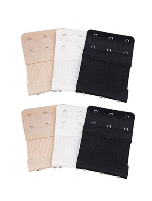 6pcs Women Ladies Soft Comfortable Back Bra 2 Hooks / 3 Hooks / 4 Hooks Band Extension Strap Extender, White/Black/Khaki