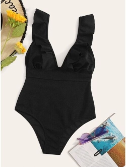 Ruffle Trim Lace Up One Piece Swimsuit