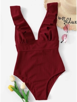 Ruffle Trim Lace Up One Piece Swimsuit