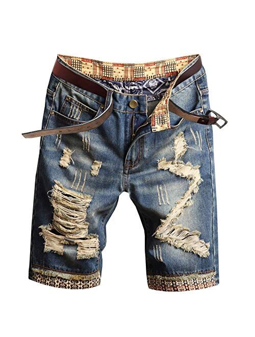 Welity Men's Casual Ripped Denim Shorts (No Belt)