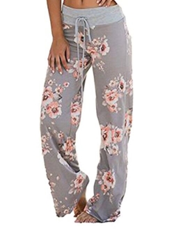 iChunhua Women's Comfy Stretch Floral Print Drawstring Palazzo Wide Leg Lounge Pant