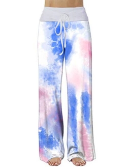 iChunhua Women's Comfy Stretch Floral Print Drawstring Palazzo Wide Leg Lounge Pant