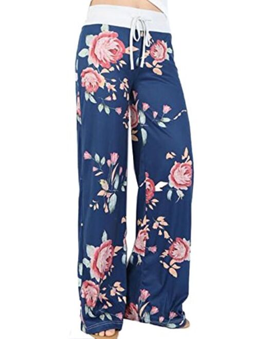 iChunhua Women's Comfy Stretch Floral Print Drawstring Palazzo Wide Leg Lounge Pant