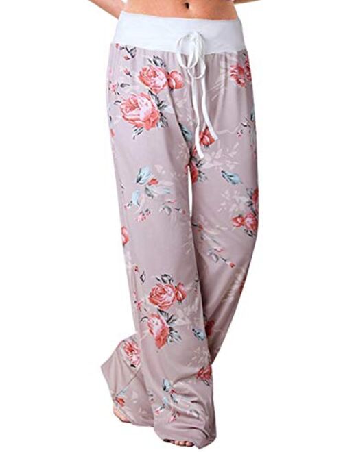 iChunhua Women's Comfy Stretch Floral Print Drawstring Palazzo Wide Leg Lounge Pant