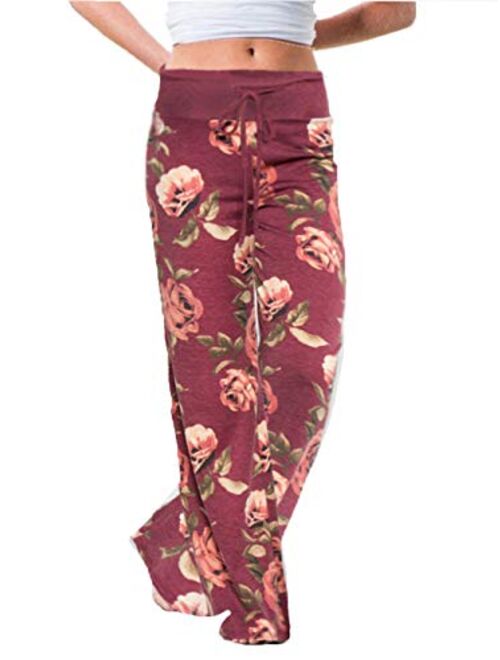 iChunhua Women's Comfy Stretch Floral Print Drawstring Palazzo Wide Leg Lounge Pant