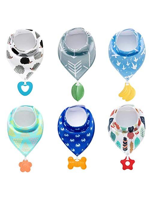 PandaEar Baby Bandana Drool Bibs 6-Pack with Teething Toys, Super Absorbent, 100% Organic Cotton, Neutral Color for Boys & Girls