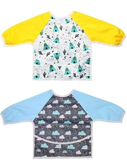 2 Pack Long Sleeved Bib Waterproof Bibs with pocket, 6 to 24 months Bibs for Toddler, Baby Bibs for Boys and Girls