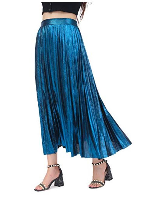 YGYEEG Women's Premium Metallic Holiday Pleated Skirts Shimmer Sparkly Formal Accordion Midi Skirt