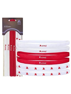 Athle Skinny Sports Thin Headbands 6 Pack - Mens and Womens Elastic Hair Bands with Non Slip Silicone Grip - Lightweight and Comfortable Sweatbands Keep You Cool and Dry