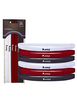 Athle Skinny Sports Thin Headbands 6 Pack - Mens and Womens Elastic Hair Bands with Non Slip Silicone Grip - Lightweight and Comfortable Sweatbands Keep You Cool and Dry