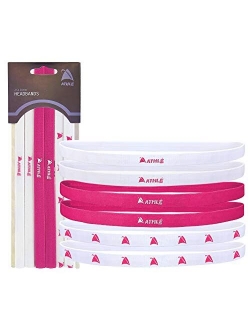 Athle Skinny Sports Thin Headbands 6 Pack - Mens and Womens Elastic Hair Bands with Non Slip Silicone Grip - Lightweight and Comfortable Sweatbands Keep You Cool and Dry