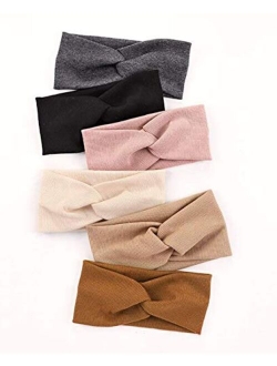 Huachi Turban Headbands for Women Wide Head Wraps Knotted Elastic Teen Girls Yoga Workout Solid Color Hair Accessories, 6 Pack