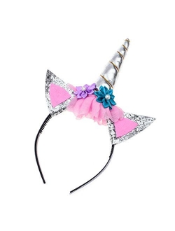 Daisyu Shiny Unicorn Horn Ears Flower Headband Cosplay Costume Easter Headpiece