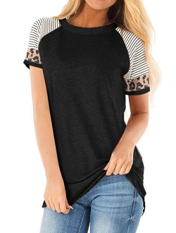 Women Crew Neck Short Sleeve Stripes Leopard Print Top