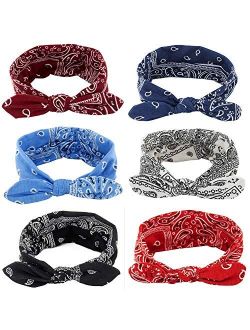 Yeshan Boho Bow Headbands for Women Vintage Paisley Bandana Flower Printed Hairband Elastic Rabbit ear Head Wrap Cute Hair Accessories,pack of 6