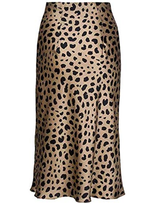 Keasmto Leopard Midi Skirt Plus Size for Women High Waist Silk Satin Elasticized Skirts