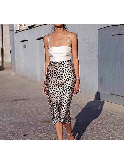 Keasmto Leopard Midi Skirt Plus Size for Women High Waist Silk Satin Elasticized Skirts