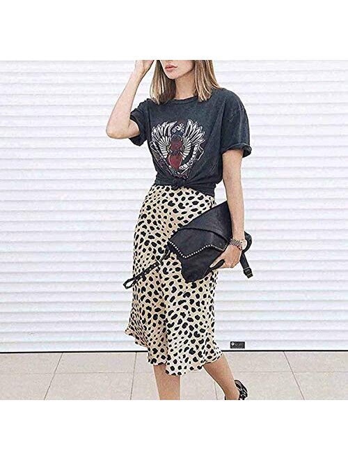 Keasmto Leopard Midi Skirt Plus Size for Women High Waist Silk Satin Elasticized Skirts