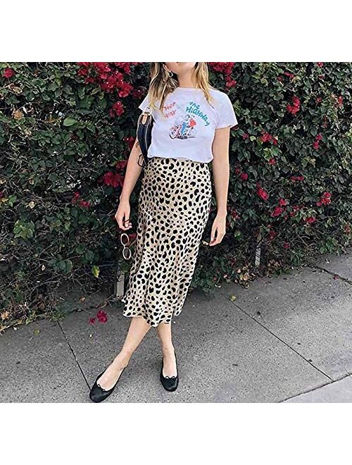 Keasmto Leopard Midi Skirt Plus Size for Women High Waist Silk Satin Elasticized Skirts