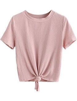 Women's Cute Knot Front Solid Ribbed Tee Crop Top T-Shirt