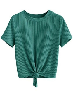 Women's Cute Knot Front Solid Ribbed Tee Crop Top T-Shirt