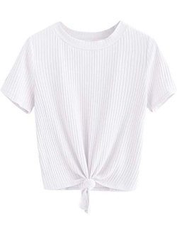 Women's Cute Knot Front Solid Ribbed Tee Crop Top T-Shirt