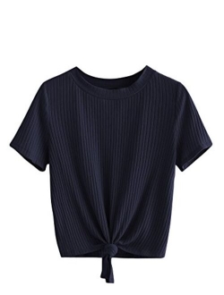 Women's Cute Knot Front Solid Ribbed Tee Crop Top T-Shirt