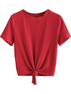 Women's Cute Knot Front Solid Ribbed Tee Crop Top T-Shirt