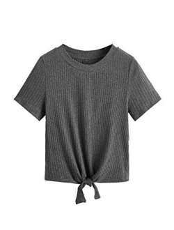 Women's Cute Knot Front Solid Ribbed Tee Crop Top T-Shirt