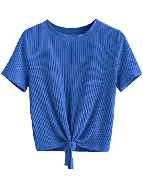 Romwe Women's Cute Knot Front Solid Ribbed Tee Crop Top T-Shirt